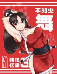 Rule 34 | 1girl, armpits, arms behind head, breasts, brown eyes, brown hair, cleavage, fatal fury, large breasts, long hair, ponytail, shihu zou, shiranui mai, smile, snk, solo, the king of fighters