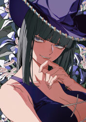 Rule 34 | 1girl, absurdres, black hair, blunt bangs, breasts, cleavage, covering own mouth, cowboy hat, cross-laced clothes, empty eyes, floral background, flower, hand on own face, hand over own mouth, hand up, hat, highres, large breasts, medium hair, mygiorni, nico robin, nico robin (alabasta), official alternate costume, one piece, purple eyes, purple hat, purple theme, sleeveless, smile, solo