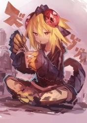 Rule 34 | 1girl, absurdres, animal feet, animal hands, black hoodie, blonde hair, bright pupils, chopsticks, claws, closed mouth, eating, extra eyes, food, full body, hair between eyes, highres, holding, holding chopsticks, holding food, hood, hood down, hoodie, indian style, kaamin (mariarose753), lizard tail, long sleeves, looking at viewer, medium hair, monster girl, nissin cup noodle, original, pink background, red eyes, reptile girl, shirt, sitting, solo, spiked hair, tail, tokage (kaamin), white pupils, white shirt