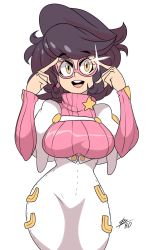 Rule 34 | 10s, 1girl, bigdead, black hair, breasts, creatures (company), curvy, eyebrows, female focus, game freak, glasses, highres, large breasts, looking at viewer, nintendo, pokemon, pokemon sm, ribbed sweater, round teeth, smile, solo, sweater, teeth, thick eyebrows, turtleneck, wicke (pokemon), wide hips, yellow eyes