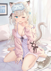 Rule 34 | 1girl, akino ell, animal, animal ear fluff, animal ears, barefoot, between legs, black ribbon, blue eyes, breasts, brown hair, cat, cat ears, cat girl, cat mask, cat stretch, cat tail, cleavage, collarbone, commentary request, curtains, dress, fang, hair ornament, hair ribbon, hairclip, hand between legs, hand up, heart, heart hair ornament, highres, jacket, long hair, long sleeves, mask, mask on head, medium breasts, nail polish, off shoulder, on bed, one eye closed, one side up, open clothes, open jacket, open mouth, original, pillow, pink jacket, pink nails, puffy long sleeves, puffy sleeves, purple dress, ribbon, rubbing eyes, sitting, sleep mask, sleeveless, sleeveless dress, sleeves past wrists, solo, strap slip, stretching, tail, very long hair, wariza, window