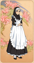 Rule 34 | 1girl, apron, closed mouth, cuffs, dress, eyebrows, floral background, flower, frilled apron, frills, high heels, hijab, long skirt, looking at viewer, maid, maid apron, maid headdress, original, skirt, smile, solo, suzushiro (suzushiro333)