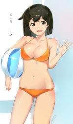 Rule 34 | 10s, 1girl, ball, beachball, bikini, black eyes, black hair, breasts, brown eyes, cleavage, hiryuu (kancolle), jewelry, kantai collection, looking at viewer, navel, open mouth, poco (backboa), ring, short hair, smile, solo, standing, swimsuit, wedding band