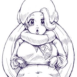 Rule 34 | 1girl, belly, big hair, breasts, clothes lift, creatures (company), fingerless gloves, fur hat, game freak, gloves, greyscale, gym leader, hat, highres, large breasts, lewddoodlez, lifting own clothes, lips, long hair, long sleeves, looking at viewer, mature female, melony (pokemon), monochrome, navel, nintendo, open mouth, partially fingerless gloves, pokemon, pokemon swsh, scarf, shirt, shirt lift, simple background, single glove, sketch, solo, surprised, sweater, teeth, thick eyebrows, upper body, upper teeth only, white background, winter clothes