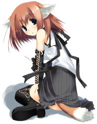 Rule 34 | 1girl, animal ears, blue eyes, blush, boots, cross-laced footwear, elbow gloves, fox, fox ears, fox tail, gloves, kagome (traumatize), looking back, orange hair, original, red hair, sitting, skirt, solo, tail, thigh boots, thighhighs