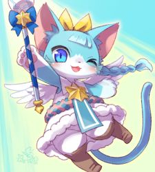 Rule 34 | 1girl, angel, angel day, angel stick, blue eyes, blue hair, boots, cat, cat busters, character request, furry, furry female, mizuki kotora, one eye closed, short hair, solo