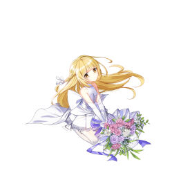 Rule 34 | 1girl, :&lt;, back bow, bare arms, blonde hair, bouquet, bow, braid, bridal gauntlets, closers, crying, dress, flat chest, flower, frilled thighhighs, frills, full body, hair ribbon, highres, holding, holding bouquet, kneeling, lace, lace-trimmed dress, lace trim, long hair, looking at viewer, lucy (closers), official art, pink flower, pink rose, purple flower, purple rose, ribbon, rose, short dress, side braid, sleeveless, sleeveless dress, solo, streaming tears, tachi-e, tears, thighhighs, wedding dress, white background, white bow, white bridal gauntlets, white dress, white ribbon, white thighhighs, yellow eyes