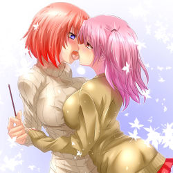 Rule 34 | 2girls, arm grab, blue eyes, blush, breast press, breasts, eye contact, female focus, food, french kiss, half-closed eyes, holding hands, highres, holding, kiss, large breasts, looking at another, looking at viewer, multiple girls, one side up, open mouth, original, pink hair, pocky, red eyes, red hair, saliva, setana, short hair, skirt, sweat, sweater, symmetrical docking, tongue, tongue out, turtleneck, twintails, watarui, yuri
