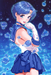 Rule 34 | 1girl, absurdres, arion canvas, bishoujo senshi sailor moon, blue choker, blue eyes, blue hair, blue sailor collar, blue skirt, bow, choker, elbow gloves, gloves, highres, jewelry, looking at viewer, looking back, magical girl, mizuno ami, sailor collar, sailor mercury, sailor senshi uniform, short hair, skirt, smile, solo, tiara, white gloves