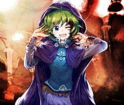 Rule 34 | 1girl, ahoge, belt, belt pouch, blood, blood on face, blood on clothes, blood on hands, blue eyes, capelet, cloak, commentary request, fire emblem, fire emblem: the blazing blade, fire emblem heroes, green hair, hands on own cheeks, hands on own face, hood, hood up, hooded cloak, long sleeves, nino (fire emblem), nintendo, open mouth, pouch, short hair, smile, solo, tunic, yoshioka yoshiko
