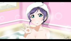 Rule 34 | 10s, 1girl, artist name, bath, bathing, bathroom, bathtub, blush, breasts, bubble, chanmi, green eyes, grin, hair up, indoors, large breasts, letterboxed, looking at viewer, love live!, love live! school idol project, nude, parted lips, partially submerged, purple hair, shadow, short hair, smile, solo, steam, teeth, tojo nozomi, towel, towel on head, upper body, water, waving, wet, wet hair