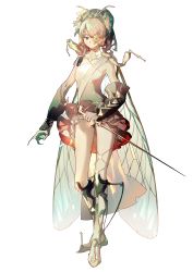 Rule 34 | 1girl, absurdres, arthropod girl, black panties, boots, closed mouth, commentary, detached sleeves, dress, english commentary, flower, full body, green dress, hair over one eye, highres, holding, holding sword, holding weapon, insect wings, knee boots, light brown hair, lobelia (saclia), orange eyes, original, panties, short hair, simple background, sleeveless, sleeveless dress, solo, sword, underwear, weapon, white background, wings, yellow flower