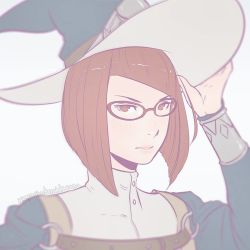 Rule 34 | 1girl, artist name, female focus, fire emblem, fire emblem awakening, flat color, glasses, hat, koyorin, looking at viewer, miriel (fire emblem), nintendo, pale color, portrait, red eyes, red hair, short hair, simple background, solo, upper body, watermark, web address, white background, witch hat