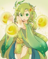 Rule 34 | 1girl, aged up, breasts, cape, cleavage, detached sleeves, earrings, final fantasy, final fantasy iv, green eyes, green hair, hair ornament, jewelry, long hair, medium breasts, open mouth, rydia (ff4), solo, star (symbol), star earrings, thighhighs, yamame 0807