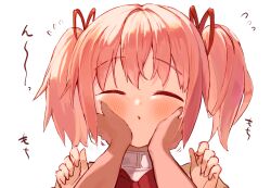 Rule 34 | 1girl, bow, bowtie, closed eyes, cocoa (ultra mdk), commentary request, facing viewer, hair ribbon, hands on another&#039;s cheeks, hands on another&#039;s face, hands up, high collar, highres, juliet sleeves, kaname madoka, long sleeves, mahou shoujo madoka magica, mahou shoujo madoka magica (anime), mitakihara school uniform, pink hair, portrait, pov, pov hands, puffy sleeves, red bow, red bowtie, red ribbon, ribbon, school uniform, short hair, short twintails, simple background, solo focus, twintails, white background