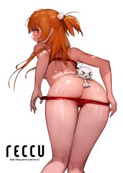 Rule 34 | &gt; &lt;, 10s, 1girl, :o, absurdres, artist name, ass, asuna (sao), bad id, bad pixiv id, bare arms, between buttocks, bikini, bikini pull, blush, braid, breasts, brown eyes, clothes pull, closed eyes, french braid, from behind, glasses, highres, kneepits, leaning forward, long hair, monster, one side up, open mouth, orange hair, pulled by self, reccu, red bikini, simple background, small breasts, solo, standing, swimsuit, sword art online, thigh gap, underboob, undressing, watermark, web address, white background