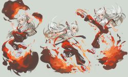 Rule 34 | 1girl, absurdres, adapted costume, baggy pants, blunt bangs, bow, breasts, closed mouth, clynxen, commentary, fighting stance, fire, floating hair, fujiwara no mokou, full body, grey background, hair bow, highres, hime cut, jumping, kicking, long hair, looking at viewer, medium breasts, multiple views, necktie, ofuda, ofuda on clothes, pants, red eyes, red necktie, red pants, serious, shirt, shoes, short sleeves, sidelocks, smoke, sneakers, solo, suspenders, touhou, very long hair, white bow, white footwear, white hair, white shirt
