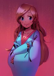 Rule 34 | 1girl, 3four, blue eyes, breasts, brown hair, cleavage, closed mouth, copyright request, creatures (company), earrings, furisode girl (pokemon), furisode girl linnea, game freak, jewelry, long hair, looking at viewer, nintendo, pokemon, simple background, solo
