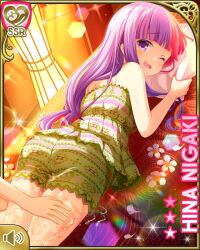 1girl 1other ;d ass bare_arms bare_legs barefoot breasts card_(medium) character_name female_focus girlfriend_(kari) green_shirt green_shorts long_hair lying massage multicolored_hair niigaki_hina official_art on_stomach one_eye_closed open_mouth purple_eyes qp:flapper shirt shorts smile solo striped_clothes striped_shorts two-tone_hair