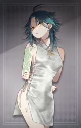 Rule 34 | 1girl, ahoge, arm tattoo, arms behind back, black hair, breasts, china dress, chinese clothes, dress, eyeshadow, facial mark, floral print, forehead mark, genderswap, genderswap (mtf), genshin impact, green hair, grey dress, highres, looking at viewer, makeup, mizune 01, multicolored hair, no panties, parted lips, red eyeshadow, simple background, solo, tattoo, xiao (genshin impact), yellow eyes