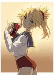 Rule 34 | 1girl, absurdres, ass, blonde hair, blush, braid, buruma, commentary request, eating, fate/grand order, fate (series), food, from side, green eyes, hair ornament, hair scrunchie, highres, holding, holding food, long hair, long sleeves, looking at viewer, mordred (fate), mordred (fate/apocrypha), mordred (swimsuit rider) (second ascension) (fate), pocky, pontytail, red scrunchie, red shorts, school uniform, scrunchie, serafuku, shirt, short shorts, shorts, solo, tonee, white shirt