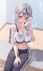Rule 34 | 1girl, breasts, cleavage, grey hair, highres, hololive, large breasts, looking at viewer, medium hair, multicolored hair, open mouth, red eyes, rryiup, sakamata chloe, shirt, smile, solo, streaked hair, virtual youtuber, white shirt