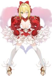 Rule 34 | 1girl, ahoge, blonde hair, blush, braid, breasts, cleavage, commentary request, dress, fate/grand order, fate (series), green eyes, hair intakes, hair ribbon, heart, highres, large breasts, looking at viewer, nero claudius (fate), nero claudius (fate) (all), nero claudius (fate/extra), panties, red dress, ribbon, see-through, short hair, smile, solo, thighhighs, underwear, white panties, white thighhighs, yuuko (030 yuko)