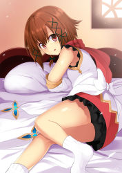 Rule 34 | 1girl, :o, bed, bed frame, bike shorts, black shorts, brown hair, commentary request, day, detached sleeves, dress, frilled dress, frills, furrowed brow, green ribbon, hair between eyes, hair ribbon, highres, indoors, light particles, looking at viewer, looking to the side, lying, mahcdai, muna dinail, on bed, on side, original, pillow, red eyes, red scarf, ribbon, scarf, shiny skin, short dress, short hair, short ponytail, shorts, side ponytail, socks, solo, striped clothes, striped scarf, sunlight, white dress, white ribbon, white socks, window