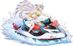 Rule 34 | 1girl, amaterasu (ark order), ark order, artist request, ass, bikini, blue-tinted eyewear, breasts, cleavage, earrings, eyewear on head, faux figurine, full body, jet ski, jewelry, large breasts, long hair, looking at viewer, low ponytail, navel, octopus, official art, open mouth, see-through, shirt, sidelocks, solo, sunglasses, swimsuit, thigh strap, tinted eyewear, transparent background, unbuttoned, vehicle focus, very long hair, water, white hair, white shirt, yellow-framed eyewear, yellow bikini