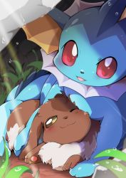 Rule 34 | azuma minatsu, blush, brown fur, closed mouth, commentary request, creatures (company), eevee, foliage, game freak, gen 1 pokemon, leaf, looking at viewer, nintendo, no humans, one eye closed, pokemon, pokemon (creature), red eyes, smile, vaporeon, water drop