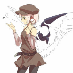 Rule 34 | 1girl, animal ears, black pantyhose, contemporary, earrings, female focus, hat, jewelry, musical note, mystia lorelei, open mouth, pantyhose, short hair, simple background, solo, touhou, white background, wings, yudepii
