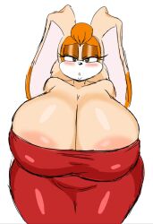 Rule 34 | 1girl, areola slip, breasts, cleavage, dress, female focus, furry, furry female, gigantic breasts, half-closed eyes, highres, looking at viewer, mature female, momijizx, rabbit girl, red dress, solo, sonic (series), vanilla the rabbit