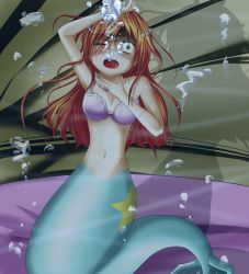 Rule 34 | 1girl, air bubble, alternate costume, alternate hair length, alternate hairstyle, armpits, asphyxiation, bad end, bikini, blush, breasts, breath, bubble, clam, cleavage, creatures (company), dark, death, drowning, female focus, game freak, highres, jewelry, kanon (ageha), long hair, mermaid costume, mermaid misty (pokemon), misty (pokemon), navel, necklace, nintendo, one eye closed, open mouth, panicking, pokemon, pokemon (anime), pokemon (classic anime), red hair, solo, struggling, swimsuit, underwater, wide-eyed, wink