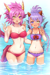 Rule 34 | &gt;:d, 2girls, :d, asymmetrical bangs, asymmetrical hair, bare arms, bare shoulders, bikini, black wings, blush, bow, braid, breasts, cleavage, collarbone, commentary request, covered erect nipples, day, double w, dragon girl, dragon horns, fins, frilled bikini, frills, groin, hair between eyes, hand up, head fins, heterochromia, highres, horns, large breasts, legs together, long hair, looking at viewer, medium breasts, multiple girls, navel, o-ring, o-ring bikini, o-ring bottom, one-piece tan, open mouth, pink eyes, pink hair, purple bikini, purple eyes, purple hair, puzzle &amp; dragons, red bikini, red bow, red wings, samoore, sheena (p&amp;d), side braid, smile, sonia (p&amp;d), sparkle, spiked hair, standing, stomach, strapless, strapless bikini, swimsuit, tail, tan, tanline, tsurime, v-shaped eyebrows, w, wading, water, wings, yellow eyes