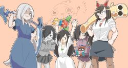 Rule 34 | 5girls, black hair, black skirt, blue dress, breasts, brown pantyhose, colored skin, commentary request, cone horns, dress, dual persona, fake horns, feet out of frame, flat chest, furuido yuuko, glasses, green necktie, grey eyes, grey jacket, grey necktie, grey skin, grey skirt, grin, hair between eyes, hair over one eye, heybot!, heybot (character), highres, horns, jacket, kowakowatto natsuo, large breasts, lets0020, long bangs, long hair, looking at viewer, macaroni (heybot!), multiple girls, necktie, nejiyanagi yuuko, pantyhose, pink background, pluto (heybot!), purple jacket, purple skirt, red horns, robot, sharp teeth, short hair, short sleeves, simple background, skirt, sleeves rolled up, small breasts, smile, standing, striped horns, teeth, v-shaped eyebrows, vocamente yuuko, white dress, white hair
