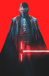 Rule 34 | 1boy, armor, belt, black armor, black cape, cape, character name, chun lo, cowboy, crackling energy, crossguard lightsaber, energy blade, energy sword, facing viewer, glowing, helmet, highres, holding, holding lightsaber, holding weapon, kylo ren, lightsaber, male focus, red background, red lightsaber, red theme, solo, star wars, star wars: the force awakens, sword, weapon, western