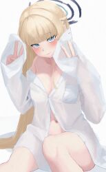 Rule 34 | 1girl, absurdres, blonde hair, blue archive, blue eyes, blush, braid, breasts, collarbone, double v, feet out of frame, halo, highres, hopuritan., long hair, looking at viewer, medium breasts, naked shirt, navel, oversized clothes, oversized shirt, see-through, see-through shirt, shirt, simple background, sitting, solo, toki (blue archive), v, very long hair, white background, white shirt