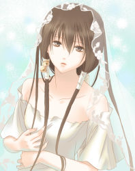 Rule 34 | 1boy, androgynous, bare shoulders, brown eyes, brown hair, collarbone, floral print, flower, fuuchouin kazuki, getbackers, hair ornament, hair tubes, jingle bell, long hair, looking at viewer, male focus, off shoulder, open mouth, papillon10, ponytail, simple background, solo, trap, upper body, veil, very long hair