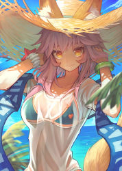 Rule 34 | 1girl, animal ear fluff, animal ears, arms up, bikini, bikini under clothes, blue bikini, bracelet, commentary request, ears through headwear, fate/grand order, fate (series), fox ears, fox tail, hat, highres, jewelry, looking at viewer, ocean, pink hair, shirt, smile, solo, straw hat, sun hat, swimsuit, tail, tamamo (fate), tamamo no mae (fate/extra), tamamo no mae (swimsuit lancer) (fate), tamamo no mae (swimsuit lancer) (second ascension) (fate), teko, water, wet, wet clothes, wet shirt, yellow eyes