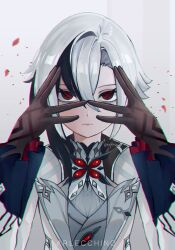 Rule 34 | 1girl, arlecchino (genshin impact), black eyes, black hair, chromatic aberration, coat, commentary request, genshin impact, grey hair, grey shirt, hair between eyes, hands up, highres, long sleeves, looking at viewer, multicolored hair, open clothes, open coat, ruperu (ruperuferune), shirt, short hair, solo, streaked hair, upper body, white coat