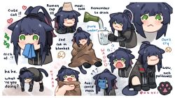 Rule 34 | 1girl, :3, animal ears, arknights, artist name, blanket, cat ears, cat girl, cat tail, chibi, commentary, crying, crying cat (meme), cup ramen, english text, floppy ears, green eyes, highres, jessica (arknights), kani fish, lungmen dollar, mask, meme, mouth mask, ponytail, surgical mask, symbol-only commentary, tail, tearing up, tears, water
