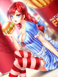 Rule 34 | 1girl, blue eyes, braid, breasts, burger, cleavage, dress, fang, food, freckles, from side, full body, garter straps, half-closed eyes, mayonnaise, medium breasts, oversized object, product girl, red hair, sitting, solo, striped clothes, striped thighhighs, thighhighs, twin braids, wendy&#039;s, wendy (wendy&#039;s)