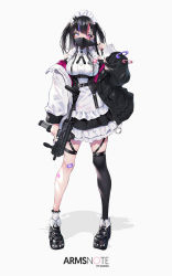 Rule 34 | 1girl, arms note, bandaid, bandaid on knee, bandaid on leg, black hair, breasts, copyright name, dress, english text, frilled dress, frills, fukai ryosuke, grey eyes, gun, heterochromia, highres, holding, holding weapon, id card, jacket, maid headdress, mask, mask pull, medium breasts, mine laying maid, mouth mask, multicolored hair, off shoulder, purple eyes, ribbon, safety pin, single thighhigh, standing, submachine gun, suitcase, thigh strap, thighhighs, two side up, underbust, weapon, white background