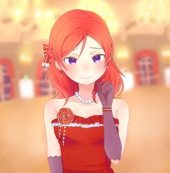 Rule 34 | 1girl, artist name, artist request, bare shoulders, black gloves, blurry, blurry background, blush, bow, breasts, cleavage, collarbone, dress, earrings, female focus, flower, gloves, hair between eyes, highres, jewelry, looking at viewer, love live!, love live! school idol festival, love live! school idol festival all stars, love live! school idol project, mango trash, necklace, nishikino maki, pearl necklace, purple eyes, red bow, red dress, red hair, red skirt, rose, short hair, skirt, small breasts, solo, striped, striped bow