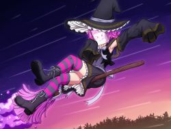 Rule 34 | 1girl, :p, ;), absurdres, artist name, artist request, back bow, black legwear, black skirt, black sleeves, blue sky, blunt bangs, blush, boots, bow, breasts, broom, broom riding, cloud, collarbone, cross-laced footwear, drawing, dress, female focus, full body, grey bow, grey dress, hat, high heel boots, high heels, highres, holding, holding notebook, large hat, looking at viewer, love live!, love live! nijigasaki high school idol club, miniskirt, night, night sky, notebook, one eye closed, paper, parted lips, pink hair, plaid, plaid dress, plaid skirt, pleated, pleated dress, pleated skirt, purple legwear, shooting star, short hair, sketchbook, skirt, sky, sleeves past fingers, sleeves past wrists, smile, solo, star (sky), striped legwear, tennoji rina, tongue, tongue out, v-shaped eyebrows, wink, witch hat