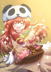 Rule 34 | 1girl, :d, bag, blush, brown dress, brown hair, cheese, closed eyes, commentary request, commission, cowboy shot, dress, food, highres, holding, holding food, kiritaki, lettuce, long hair, meat, merchant (ragnarok online), open mouth, panda hat, ragnarok online, sandwich, sidelocks, skeb commission, sleeves past wrists, smile, solo, sparkle, yellow background