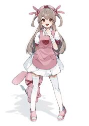 Rule 34 | &gt; &lt;, 1girl, :d, apron, bandaged wrist, bandages, blush, collared dress, dress, full body, hair ornament, hand up, hat, heart, heart print, higa (gominami), highres, holding, holding stuffed toy, knife, light brown hair, long hair, looking at viewer, natori sana, nurse cap, open mouth, pink apron, pink footwear, pink hat, pocket, puffy short sleeves, puffy sleeves, rabbit hair ornament, red eyes, sana channel, short sleeves, simple background, slippers, smile, solo, standing, stuffed animal, stuffed rabbit, stuffed toy, thighhighs, two side up, virtual youtuber, white background, white dress, white thighhighs