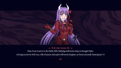 1girl, bb (fate) (all), bb (fate), beelzebub (helltaker), black tail, bug, burbur, business suit, cosplay, demon girl, demon horns, demon tail, english text, fake screenshot, fate/extra, fate/extra ccc, fate/grand order, fate (series), fly, formal, gloves, hair between eyes, hair ribbon, hands up, helltaker, highres, horns, insect, long hair, long sleeves, looking at viewer, parody, purple eyes, purple hair, red suit, ribbon, smile, solo, style parody, suit, tail, vanripper (style), visual novel, waistcoat, white horns