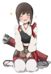 Rule 34 | 1girl, akagi (kancolle), akagi (kancolle) (cosplay), black hair, bow (weapon), commentary request, cosplay, fubuki (kancolle), japanese clothes, kantai collection, koutya, muneate, quiver, sandals, simple background, solo, sparkle, thighhighs, weapon