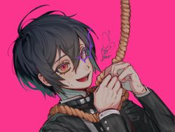 1boy, ahoge, bangs, black hair, black jacket, brown eyes, danganronpa (series), danganronpa v3: killing harmony, dutch angle, hands up, highres, jacket, long sleeves, looking at viewer, male focus, multicolored, multicolored eyes, open mouth, pink background, pink eyes, ps 872dg, rope, saihara shuuichi, short hair, signature, simple background, solo, striped, striped jacket, sweat, vertical stripes